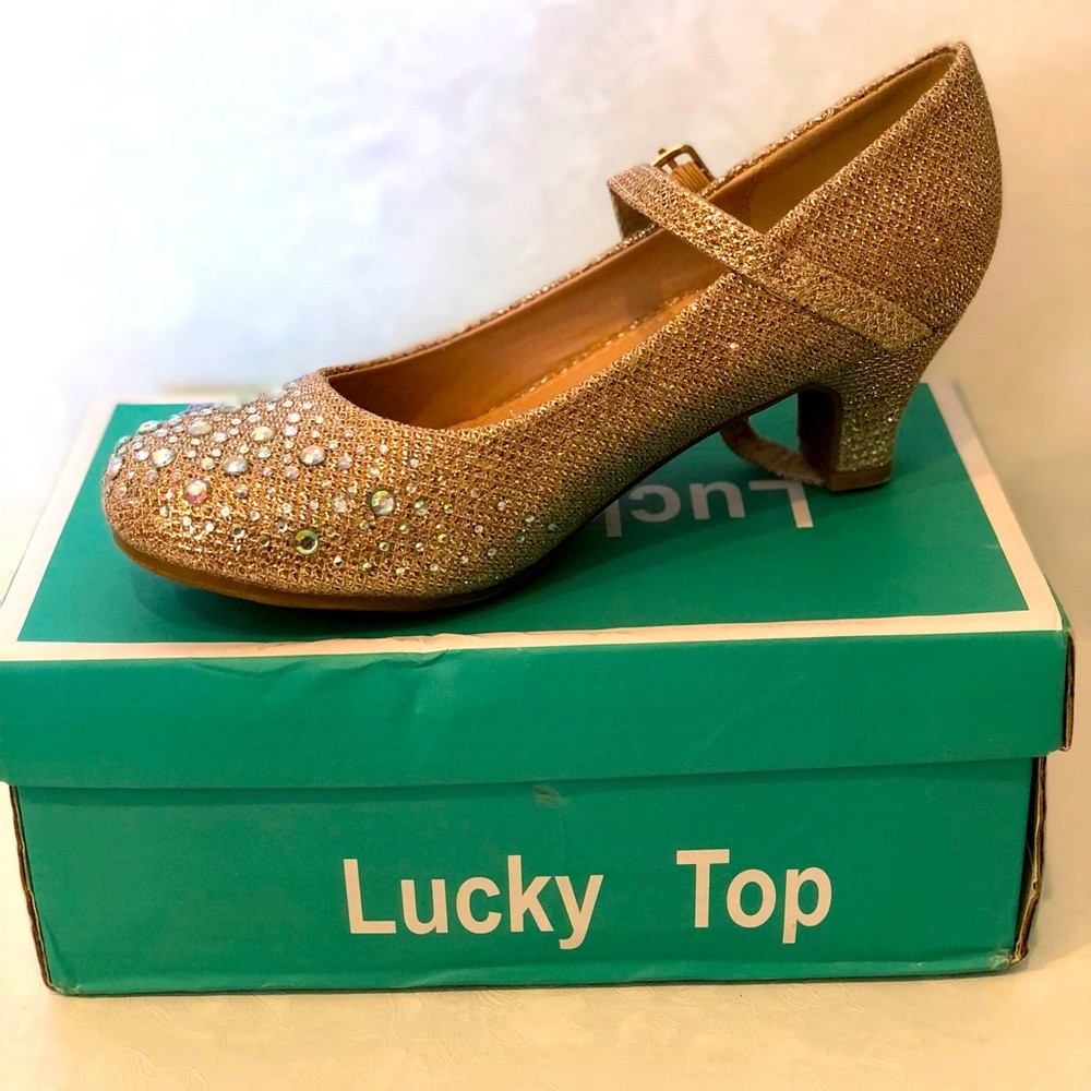 Girls Gold Sparkling Mary Jane Rhinestone Glitter Formal Dress Low Pumps